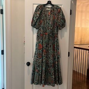 Ulla Johnson Green Smocked “Olina” Maxi Dress Crew Neck